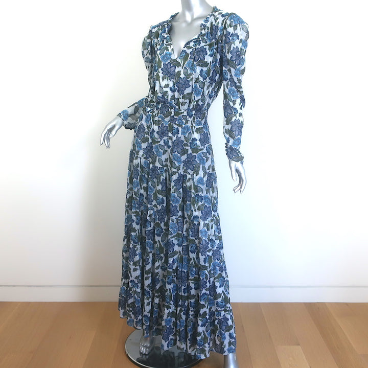 MISA Vida Tiered Maxi Dress Blue Metallic Floral Print Crepe Size Small