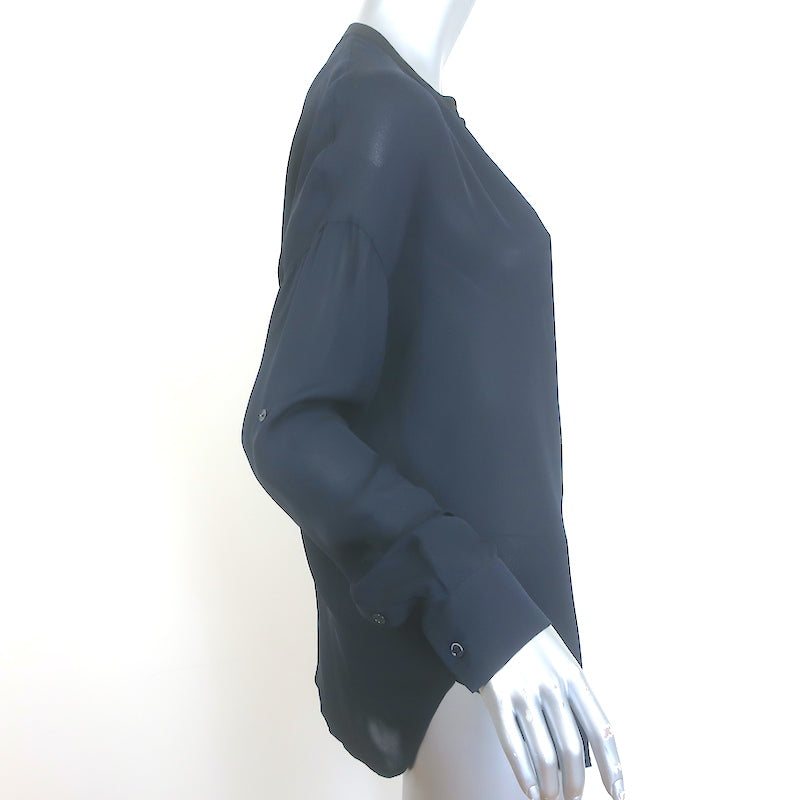 Vince Contrast-Trim Blouse Navy &amp; Black Silk Size Small Long Sleeve Top
