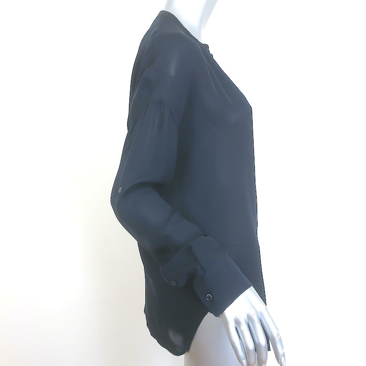 Vince Contrast-Trim Blouse Navy &amp; Black Silk Size Small Long Sleeve Top