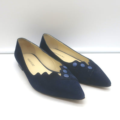 Sarah Flint Buttoned Pointed Toe Flats Navy Scalloped Suede Size 36.5