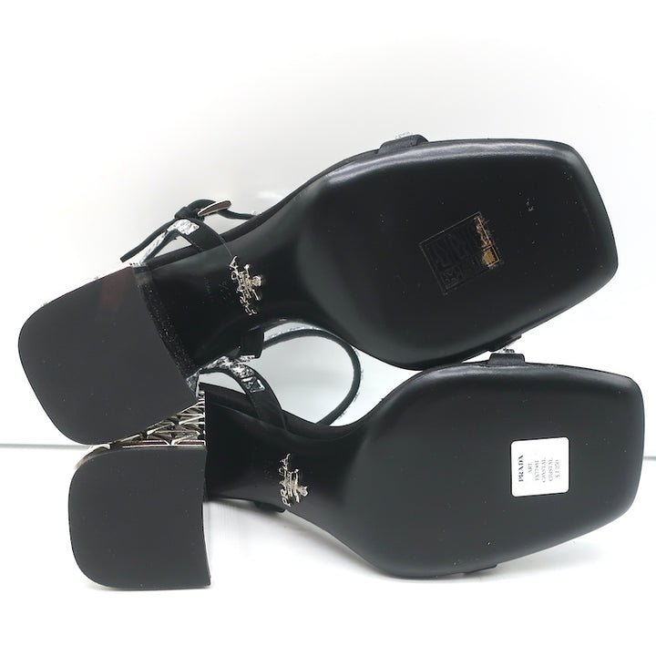 Prada Crystal-Embellished Sandals Black Satin Size 36.5 Ankle Strap Heels NEW