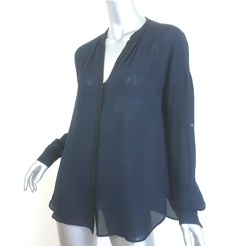 Vince Contrast-Trim Blouse Navy &amp; Black Silk Size Small Long Sleeve Top