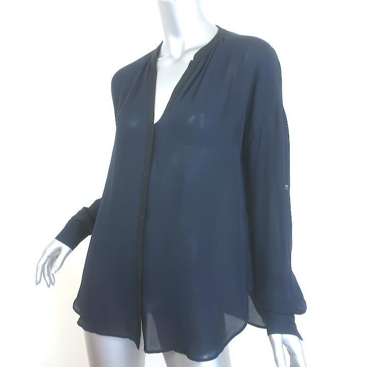 Vince Contrast-Trim Blouse Navy &amp; Black Silk Size Small Long Sleeve Top