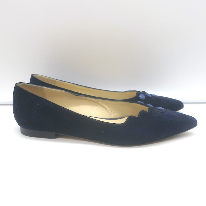 Sarah Flint Buttoned Pointed Toe Flats Navy Scalloped Suede Size 36.5