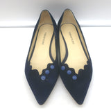 Sarah Flint Buttoned Pointed Toe Flats Navy Scalloped Suede Size 36.5