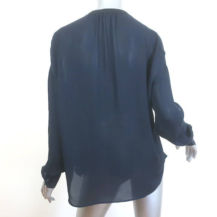 Vince Contrast-Trim Blouse Navy &amp; Black Silk Size Small Long Sleeve Top