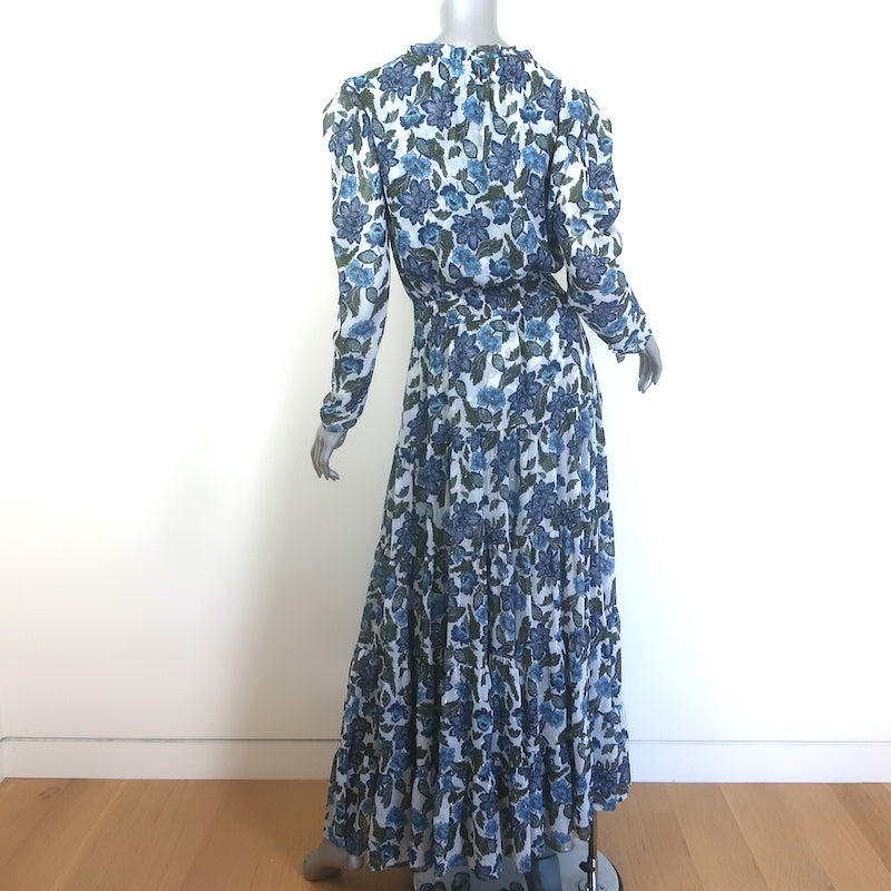 MISA Vida Tiered Maxi Dress Blue Metallic Floral Print Crepe Size Small