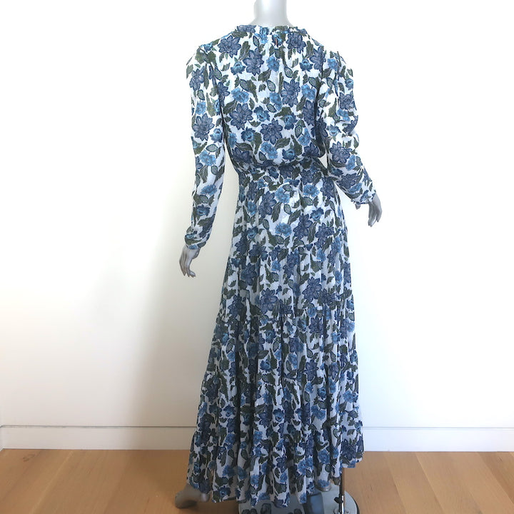 MISA Vida Tiered Maxi Dress Blue Metallic Floral Print Crepe Size Small