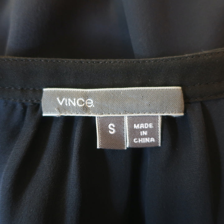 Vince Contrast-Trim Blouse Navy &amp; Black Silk Size Small Long Sleeve Top