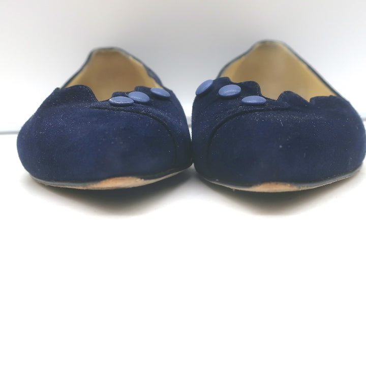 Sarah Flint Buttoned Pointed Toe Flats Navy Scalloped Suede Size 36.5