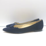 Sarah Flint Buttoned Pointed Toe Flats Navy Scalloped Suede Size 36.5
