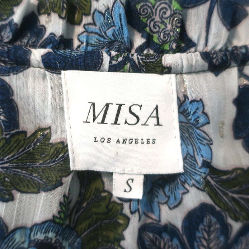 MISA Vida Tiered Maxi Dress Blue Metallic Floral Print Crepe Size Small