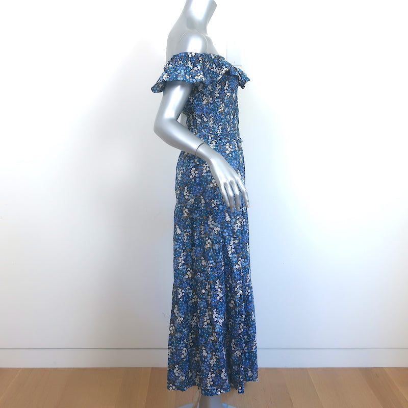SEA Off-Shoulder Midi Dress Blue Floral Print Smocked Cotton Size Extra Small
