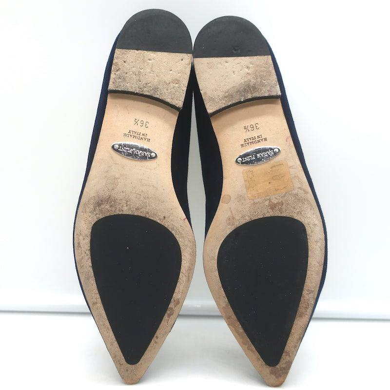 Sarah Flint Buttoned Pointed Toe Flats Navy Scalloped Suede Size 36.5