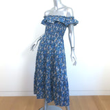 SEA Off-Shoulder Midi Dress Blue Floral Print Smocked Cotton Size Extra Small