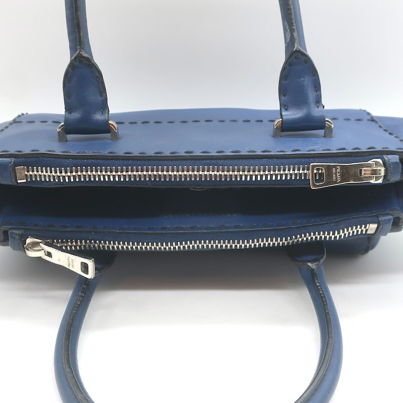 Prada City Calf Stitched Twin Pocket Tote Navy Leather Crossbody Bag
