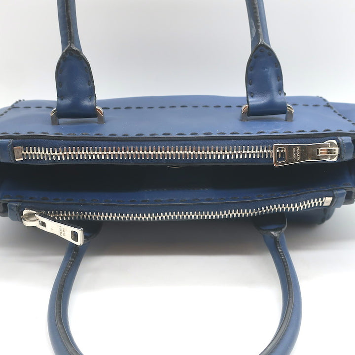 Prada City Calf Stitched Twin Pocket Tote Navy Leather Crossbody Bag