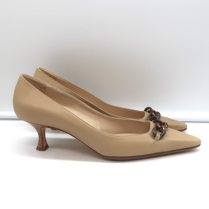 Manolo Blahnik Chain Link-Embellished Kitten Heel Pumps Beige Leather Size 38.5