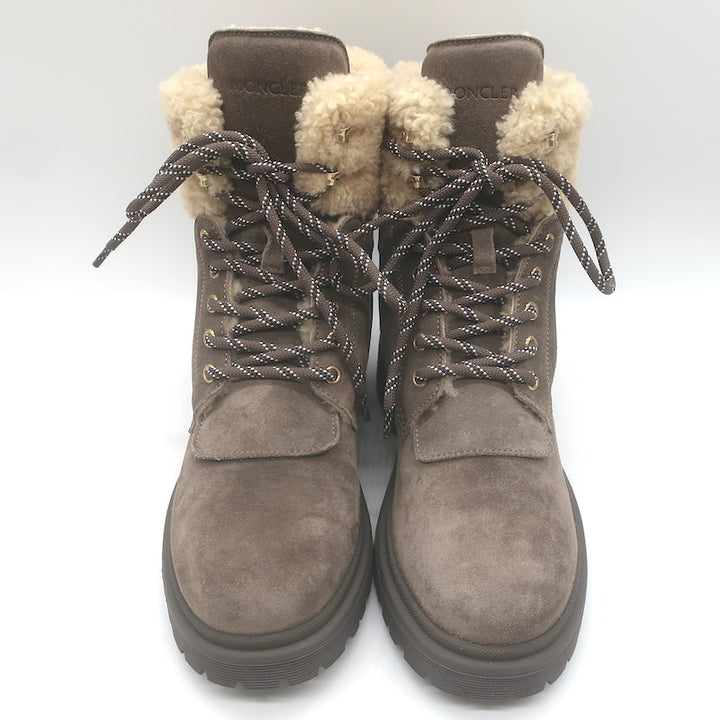 Moncler Patty Scarpa Shearling Lace-Up Ankle Boots Dark Taupe Suede Size 38 NEW