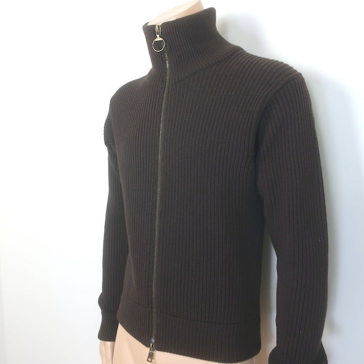 Prada Ribbed Knit Zip-Up Cardigan Sweater Dark Brown Wool Size 50