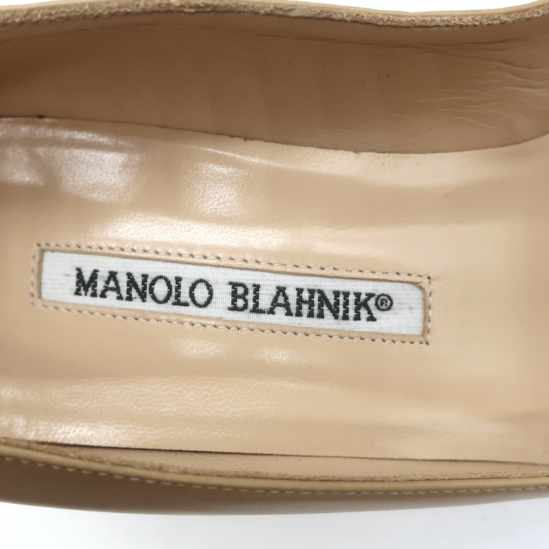 Manolo Blahnik Chain Link-Embellished Kitten Heel Pumps Beige Leather Size 38.5
