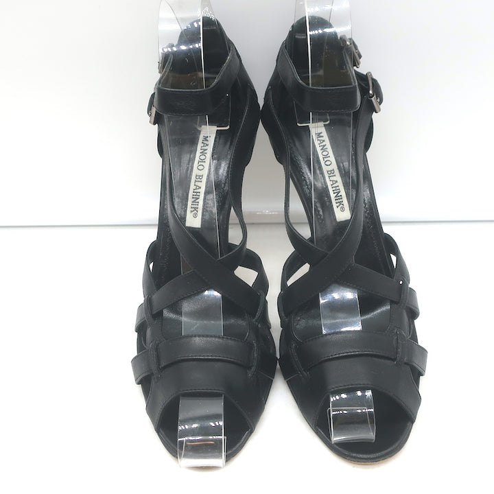 Manolo Blahnik Buckled Strappy Sandals Black Leather Size 36.5 Open Toe Heels