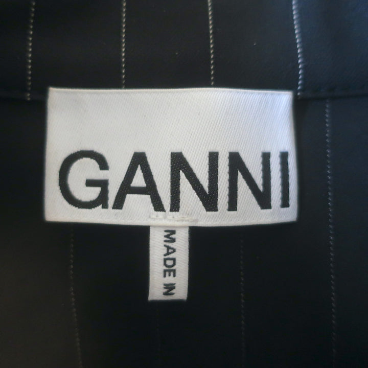 GANNI Pinstriped Puff Sleeve Midi Shirtdress Black Stretch Twill Size 32
