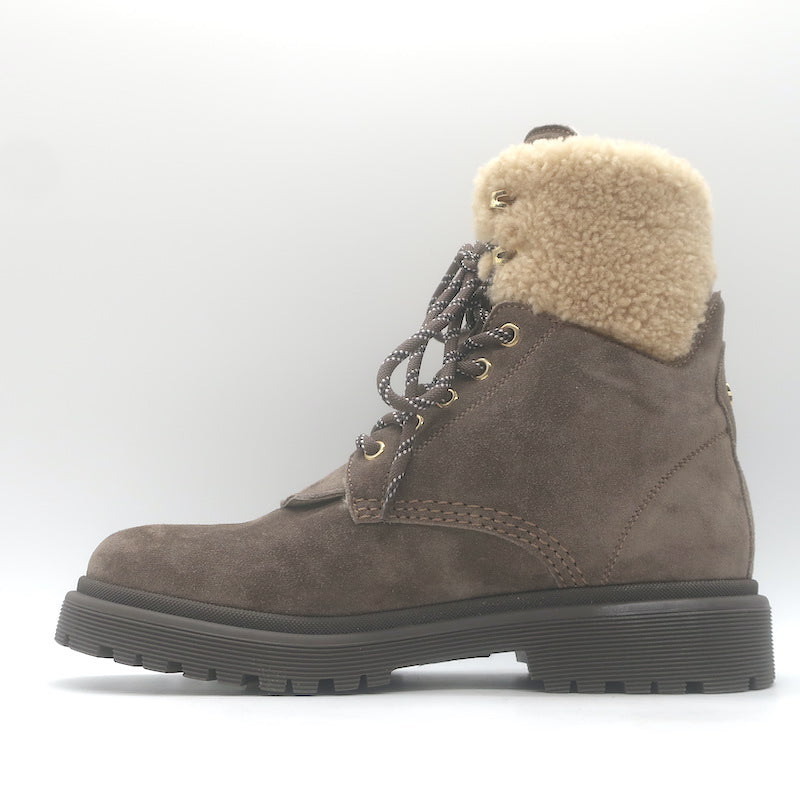 Moncler Patty Scarpa Shearling Lace-Up Ankle Boots Dark Taupe Suede Size 38 NEW