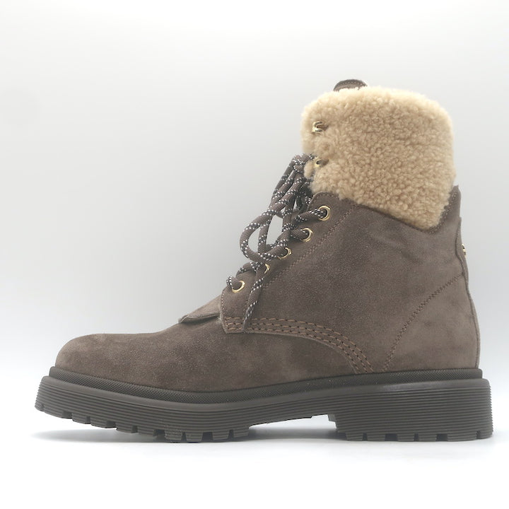 Moncler Patty Scarpa Shearling Lace-Up Ankle Boots Dark Taupe Suede Size 38 NEW