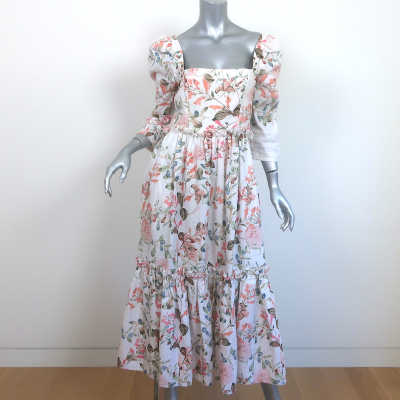 Cara Cara Blue Hill Tiered Midi Dress White/Multi Floral Print Linen S Celebrity Owned Cara Cara Blue Hill Tiered Midi Dress White/Multi Floral Print Linen S Celebrity Owned
