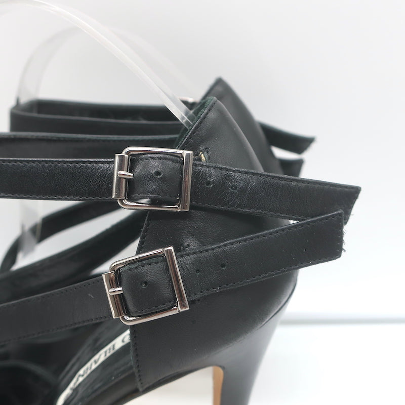 Manolo Blahnik Buckled Strappy Sandals Black Leather Size 36.5 Open Toe Heels