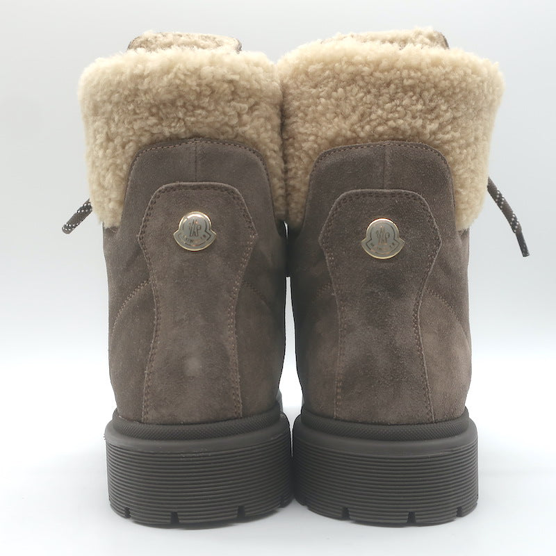 Moncler Patty Scarpa Shearling Lace-Up Ankle Boots Dark Taupe Suede Size 38 NEW