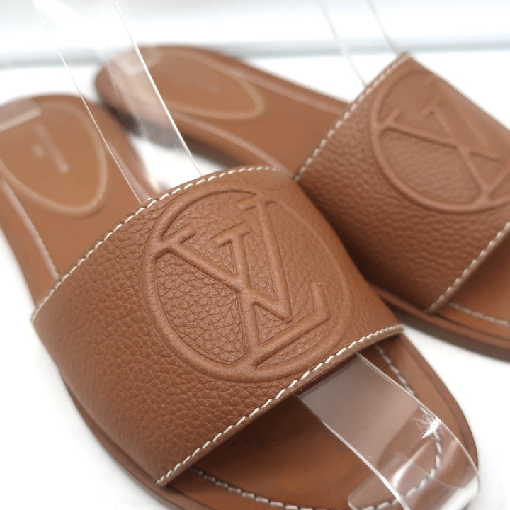 Louis Vuitton Lock It Flat Mules Brown Leather Size 37 Open Toe Sandals