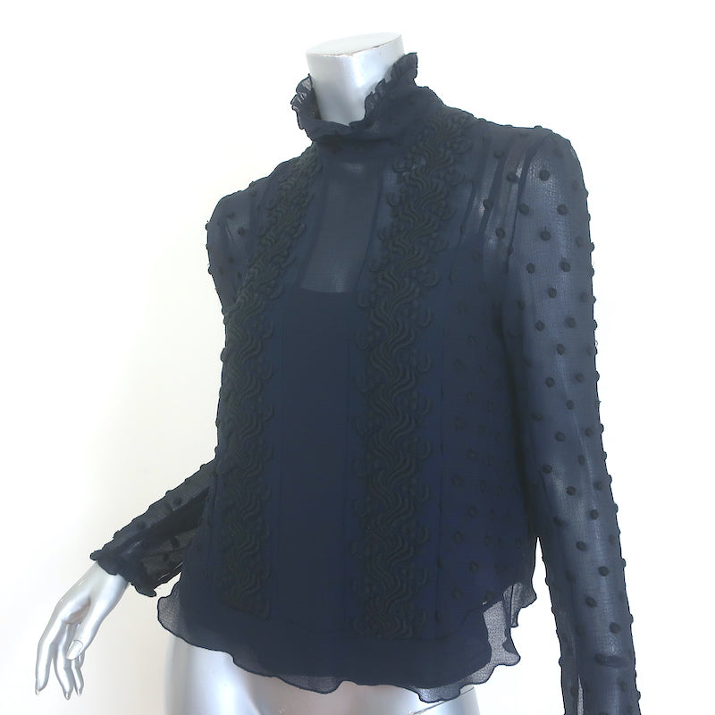 See by Chloe Swiss Dot-Embroidered Ruffled High Neck Blouse Navy Crepe Size 40