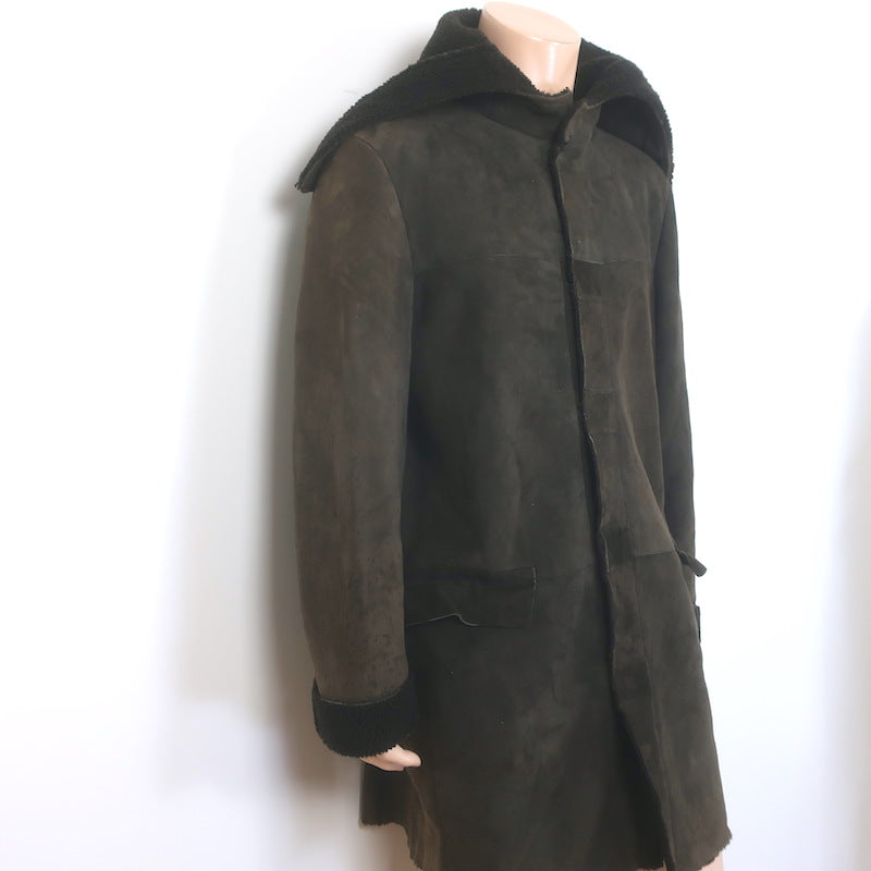Miu Miu Shearling Hooded Coat Dark Brown Suede Size 54