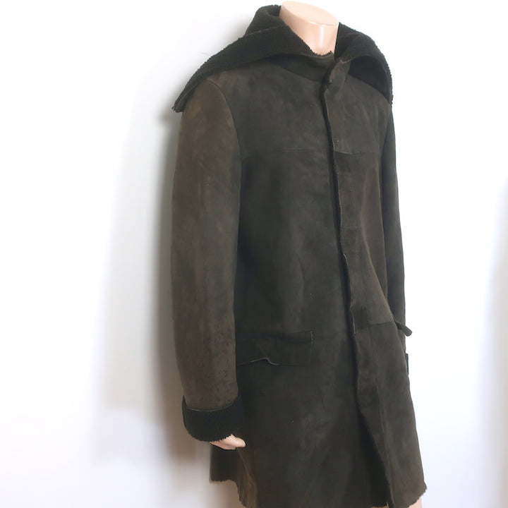 Miu Miu Shearling Hooded Coat Dark Brown Suede Size 54