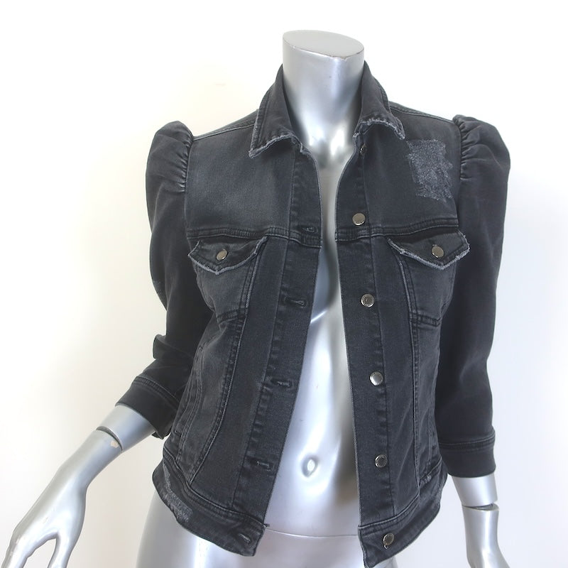 Retrofete Ada Puff Sleeve Denim Jacket Faded Black Stretch Cotton Size Small NEW