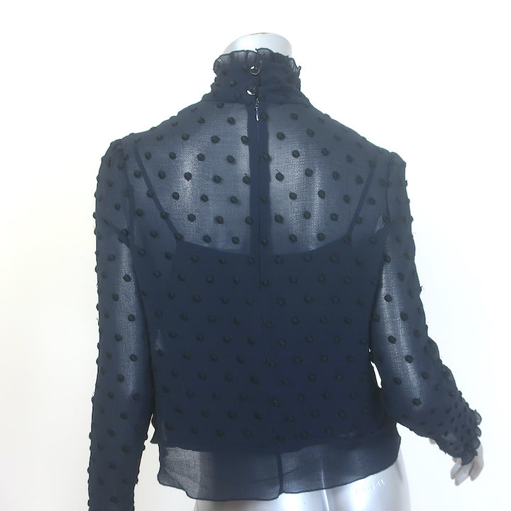 See by Chloe Swiss Dot-Embroidered Ruffled High Neck Blouse Navy Crepe Size 40