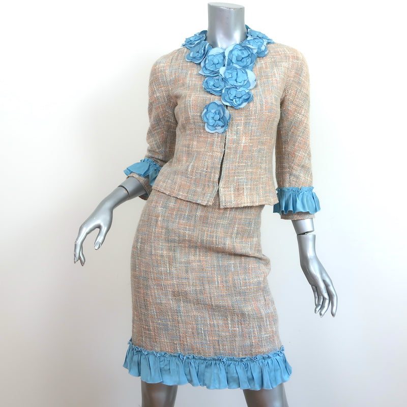 Moschino Cheap and Chic Skirt Suit Beige/Blue Ruffle-Trim Tweed Size 0