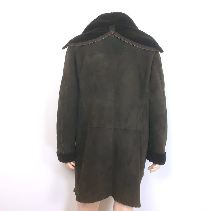 Miu Miu Shearling Hooded Coat Dark Brown Suede Size 54