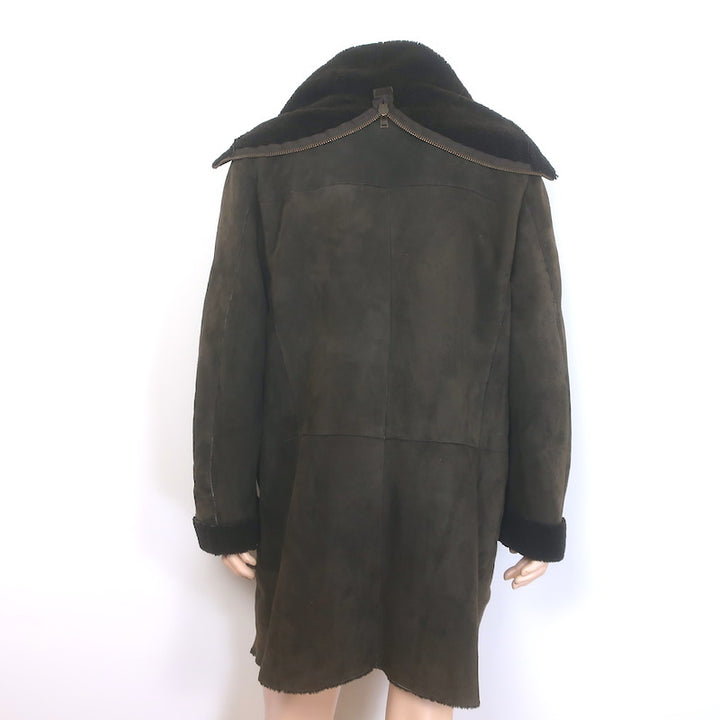 Miu Miu Shearling Hooded Coat Dark Brown Suede Size 54