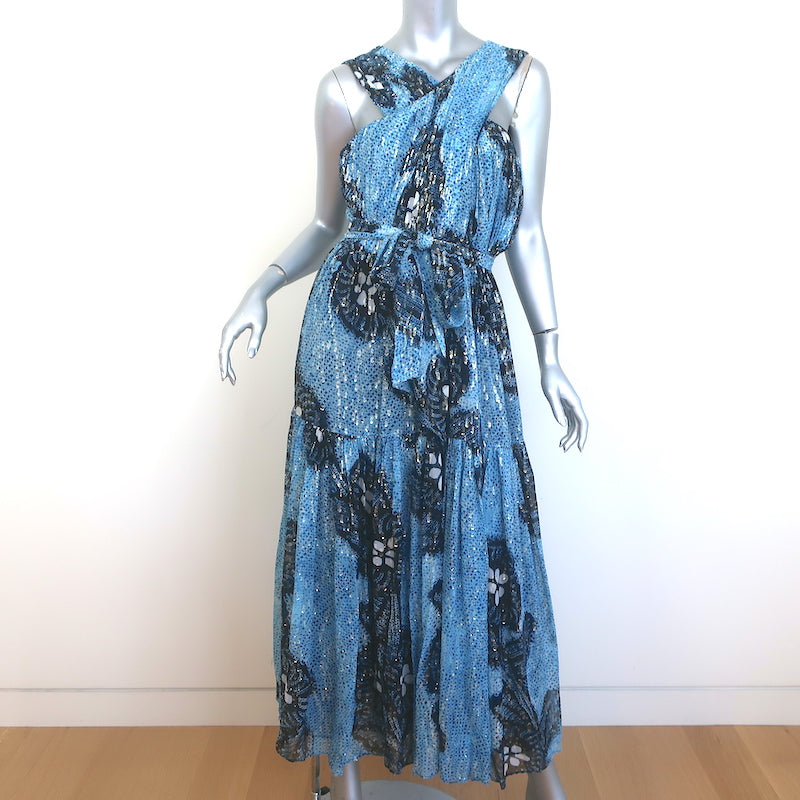 Ulla Johnson Adora Crisscross Midi Dress Blue Printed Metallic Fil Cou Celebrity Owned Ulla Johnson Adora Crisscross Midi Dress Blue Printed Metallic Fil Cou Celebrity Owned