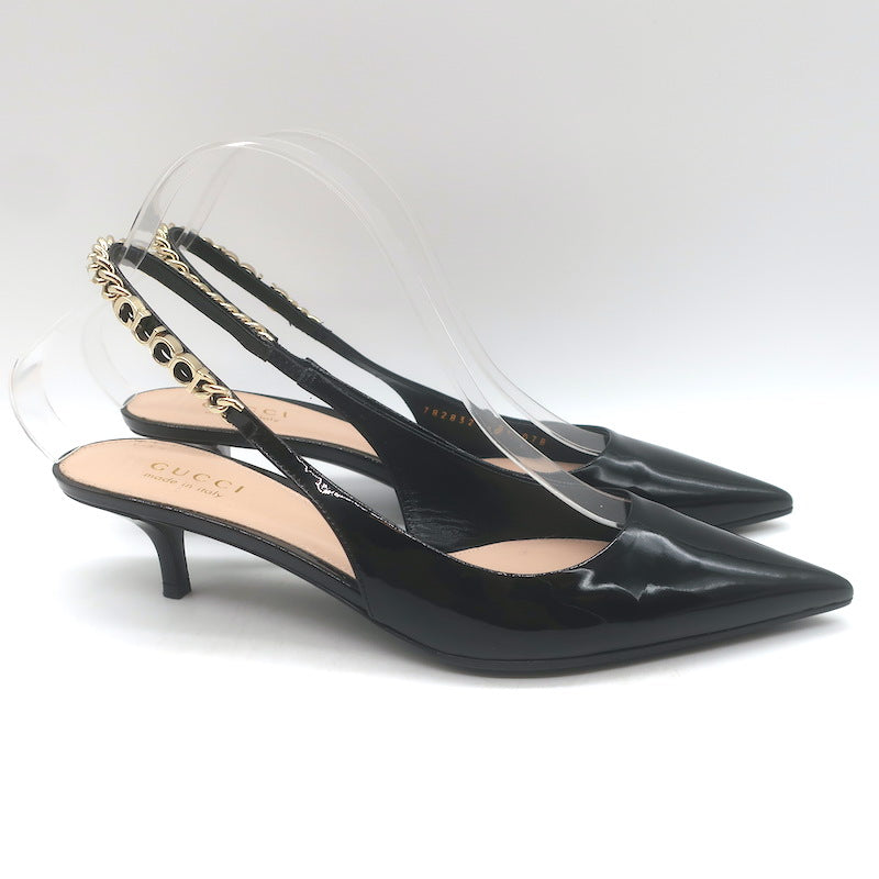 Gucci Signoria Logo Chain Slingback Pumps Black Patent Leather Size 38.5 NEW