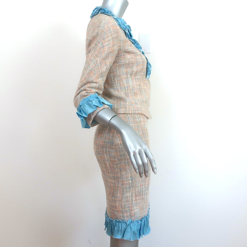 Moschino Cheap and Chic Skirt Suit Beige/Blue Ruffle-Trim Tweed