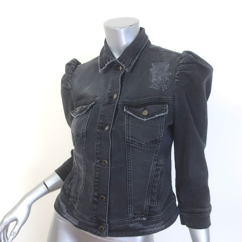 Retrofete Ada Puff Sleeve Denim Jacket Faded Black Stretch Cotton Size Small NEW