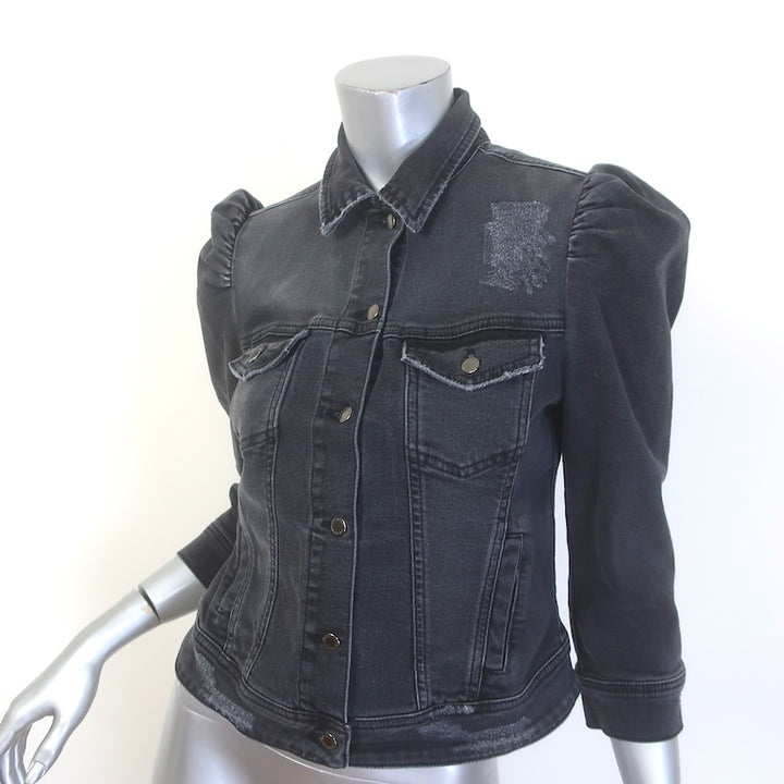 Retrofete Ada Puff Sleeve Denim Jacket Faded Black Stretch Cotton Size Small NEW
