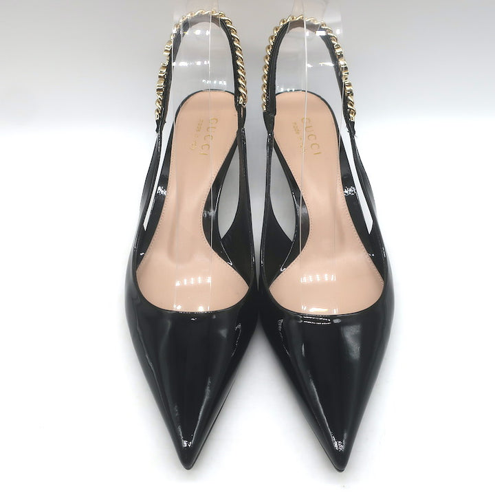 Gucci Signoria Logo Chain Slingback Pumps Black Patent Leather Size 38.5 NEW