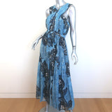 Ulla Johnson Adora Crisscross Midi Dress Blue Printed Metallic Fil Coupe Size 8