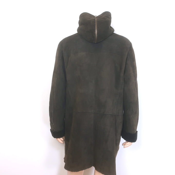 Miu Miu Shearling Hooded Coat Dark Brown Suede Size 54