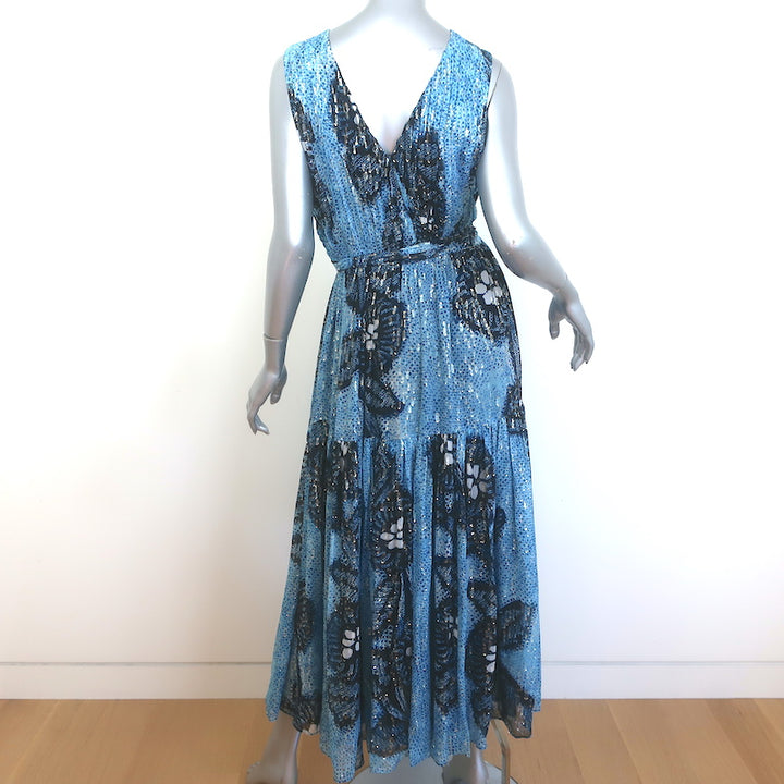 Ulla Johnson Adora Crisscross Midi Dress Blue Printed Metallic Fil Coupe Size 8